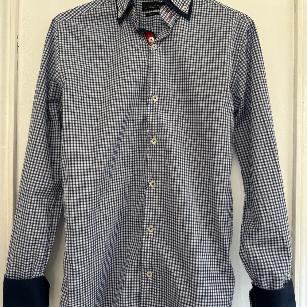 Zara Navy and White Checkered Button Down Shirt